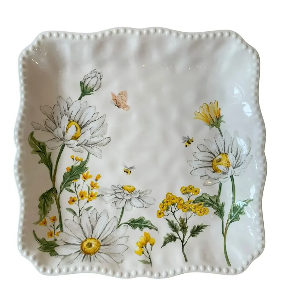 MAXCERA Spring Easter Bee Butterfly Daisy Square Dinner Plates Set of 4 New